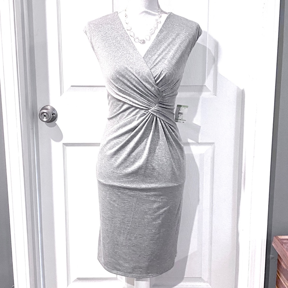 ANNE KLEIN Silver Metallic Surplus Neck Dress